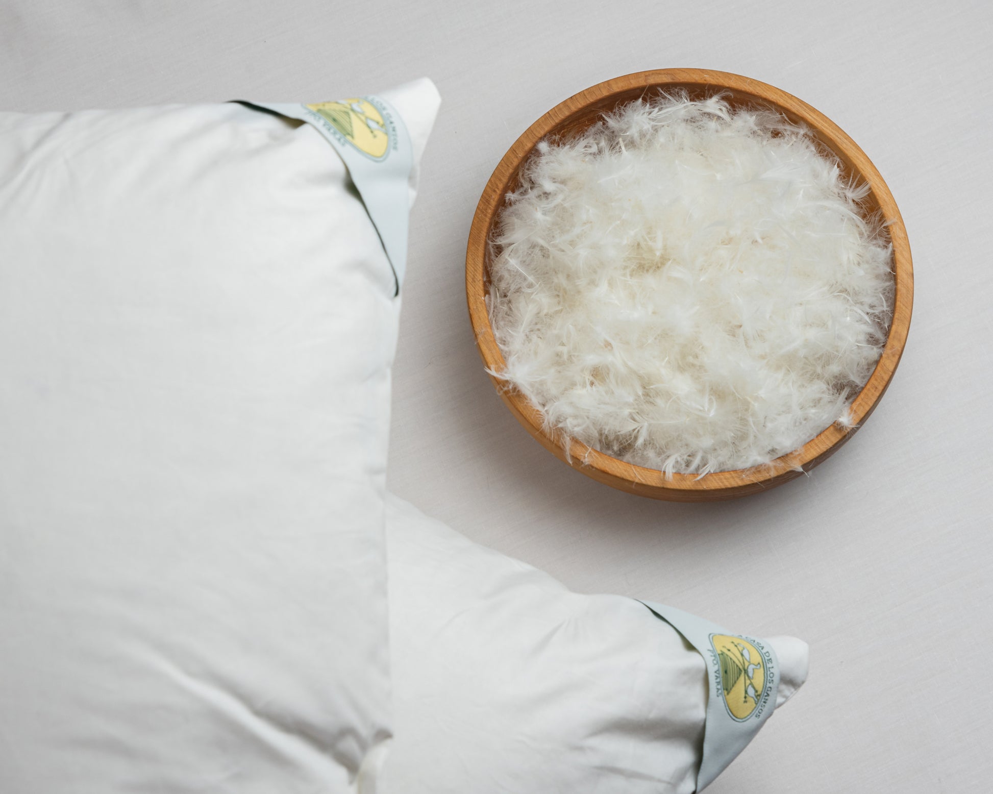 Pluma seleccionada utilizada en la almohada firme de La Casa de los Gansos, ideal para máximo soporte